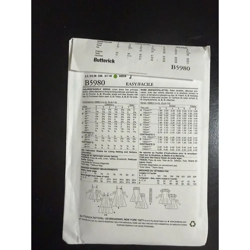 Butterick B5980 Girls' Dress Sewing Pattern Sizes 6-7-8 150th Anniversary